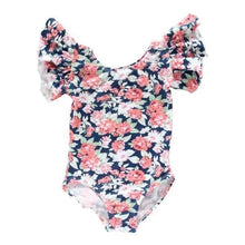 Load image into Gallery viewer, NAVY FLORAL FLUTTER SLEEVE LEOTARD
